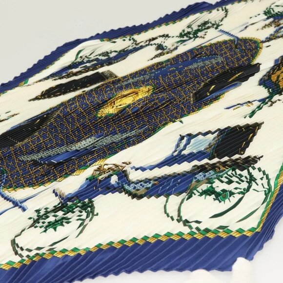 HERMES Pleated Scarf ""LES VOITURES A TRANSFORMATION"" Silk Blue Auth - Picture 5 of 16